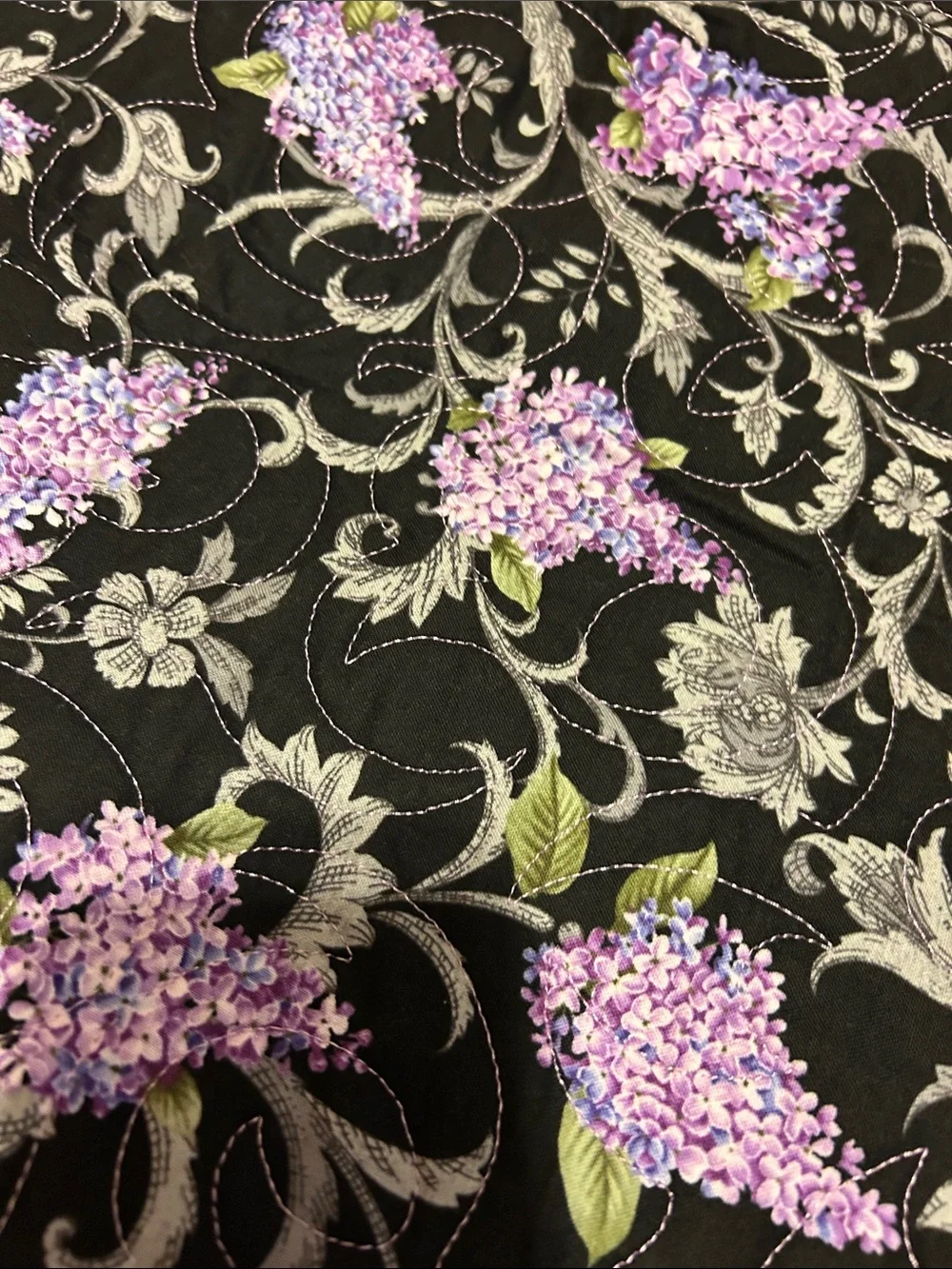 ONE OF A KIND- HANDCRAFTED Floral Quilt in Black, Lavender and Random Yellow